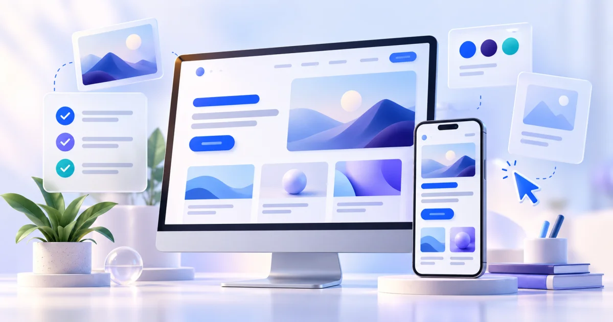 Desktop and mobile website layouts with blue planning cards and a checklist.
